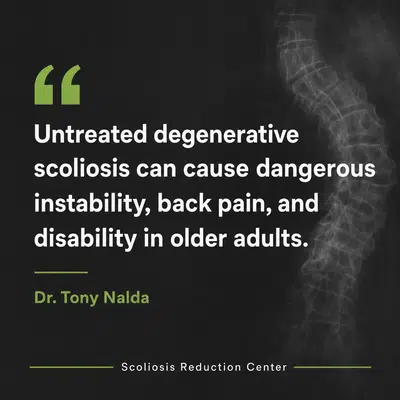 A visual representation of the quote from the text starting with “If degenerative scoliosis is left"