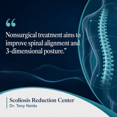 A visual representation of the quote from the text starting with “Nonsurgical scoliosis treatment focuses on"